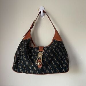 DOONEY & BOURKE Black Canvas Brown Leather Trim & Handle Monogram Hobo Bag